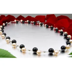 Kette Collier aus echten Perlen & Onyx, rose schwarz, für Damen