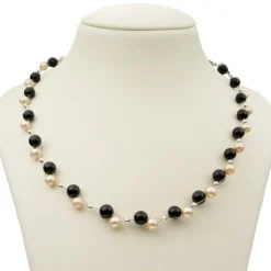 Kette Collier aus echten Perlen & Onyx, rose schwarz, für Damen