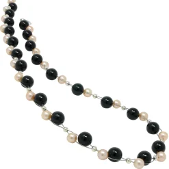 Kette Collier aus echten Perlen & Onyx, rose schwarz, für Damen