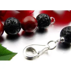 Kette Collier aus Koralle & Lava & 925 Silber, schwarz braun-rot