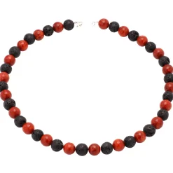 Kette Collier aus Koralle & Lava & 925 Silber, schwarz braun-rot