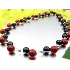 Kette Collier aus Koralle & Onyx, rot-braun schwarz, Halskette, Damen