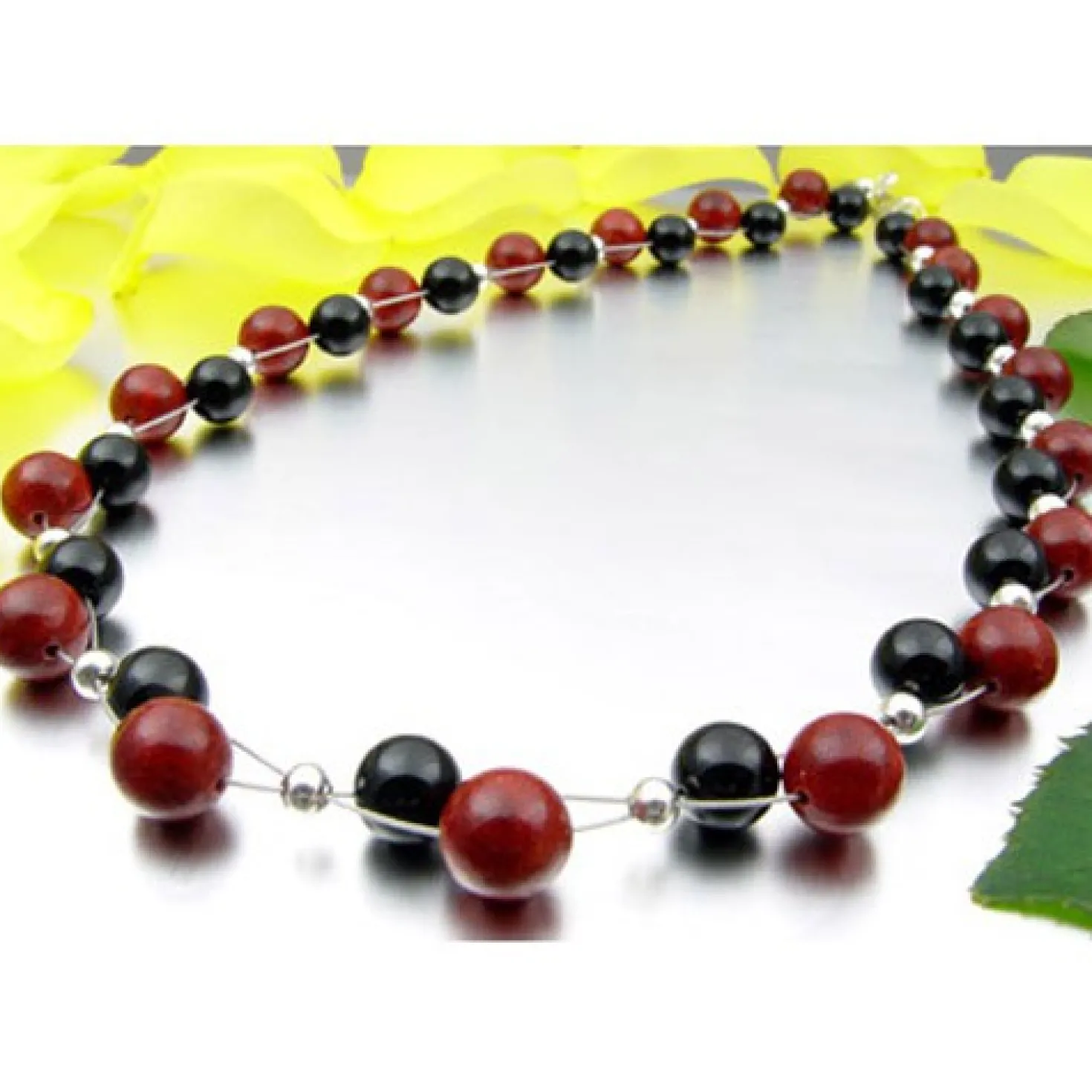 Kette Collier aus Koralle & Onyx, rot-braun schwarz, Halskette, Damen
