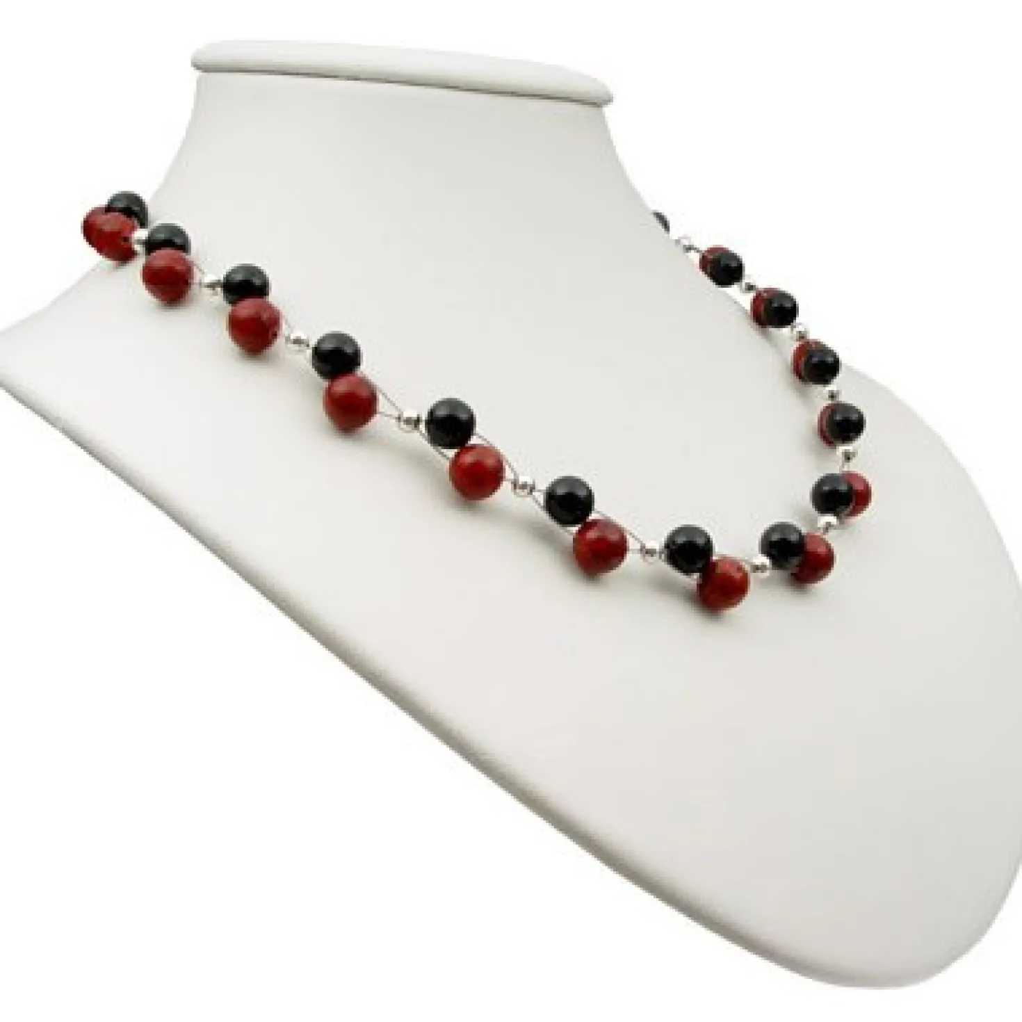 Kette Collier aus Koralle & Onyx, rot-braun schwarz, Halskette, Damen