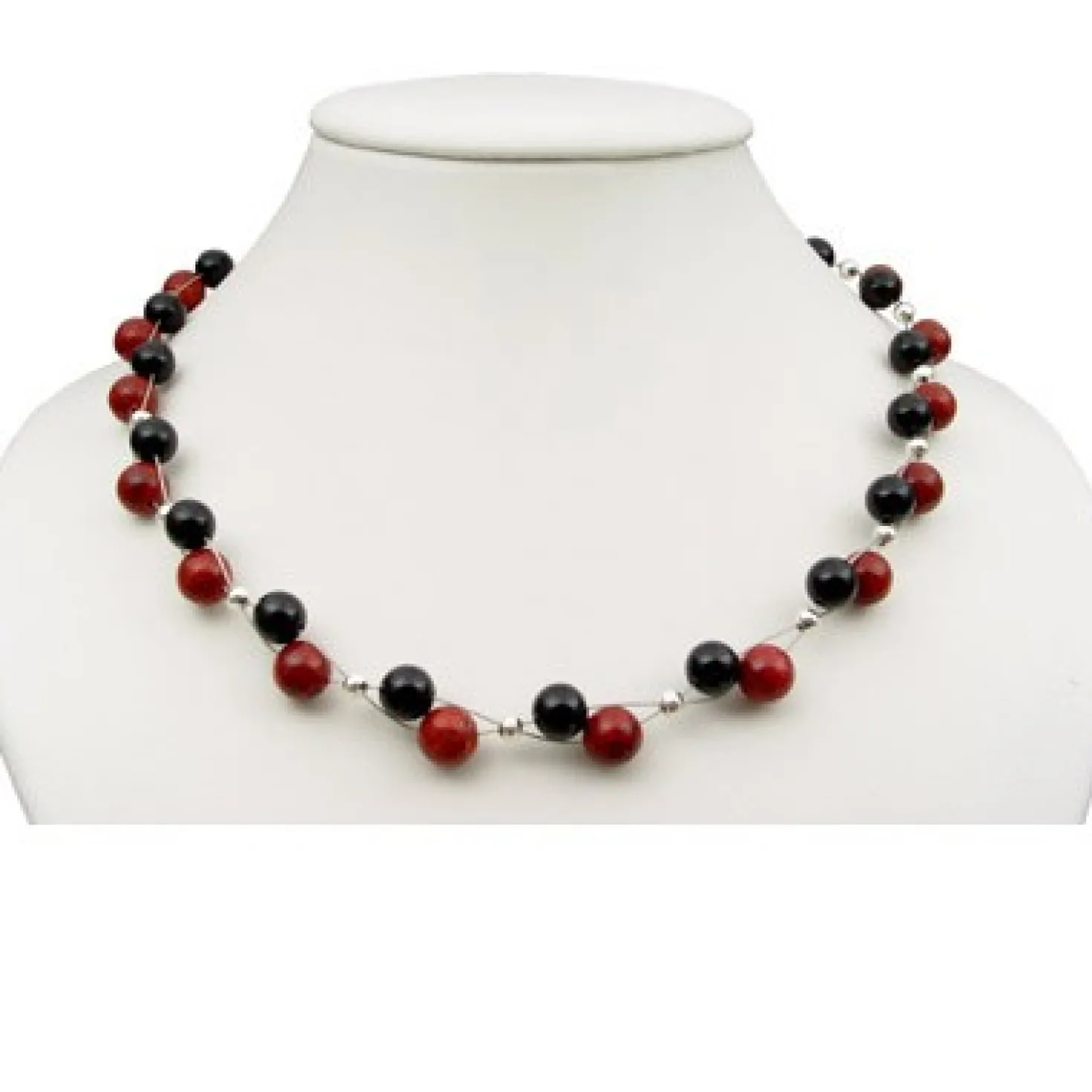 Kette Collier aus Koralle & Onyx, rot-braun schwarz, Halskette, Damen