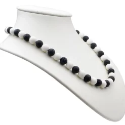Kette Collier aus Lava & Koralle schwarz weiß, Halskette Damen