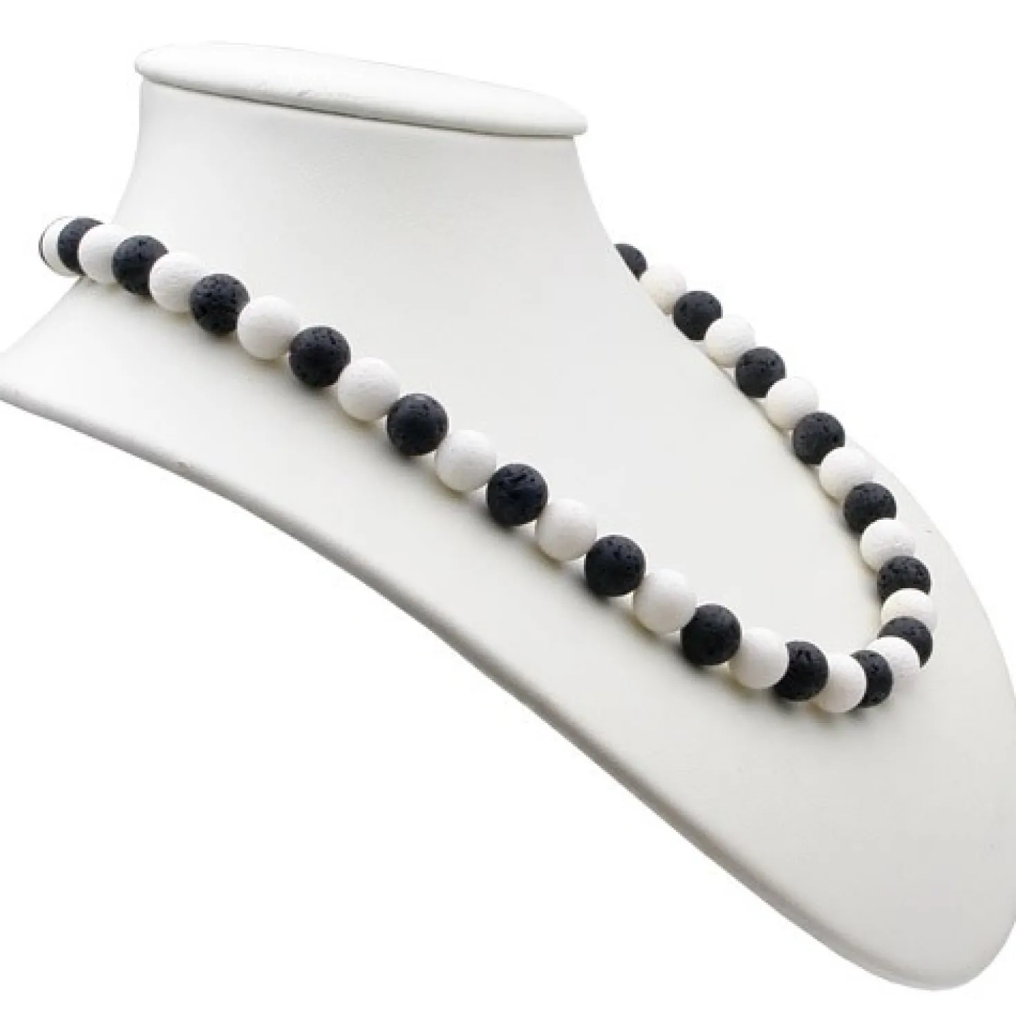 Kette Collier aus Lava & Koralle schwarz weiß, Halskette Damen