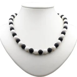 Kette Collier aus Lava & Koralle schwarz weiß, Halskette Damen