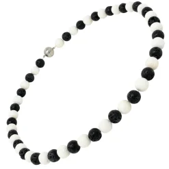 Kette Collier aus Lava & Koralle schwarz weiß, Halskette Damen