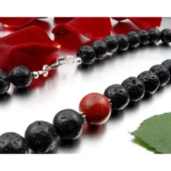 Kette Collier aus Lava & Schaumkoralle, schwarz-rot, 925 Silber