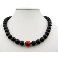 Kette Collier aus Lava & Schaumkoralle, schwarz-rot, 925 Silber