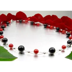 Kette Collier aus Onyx & Koralle, rot-schwarz, Halskette für Damen