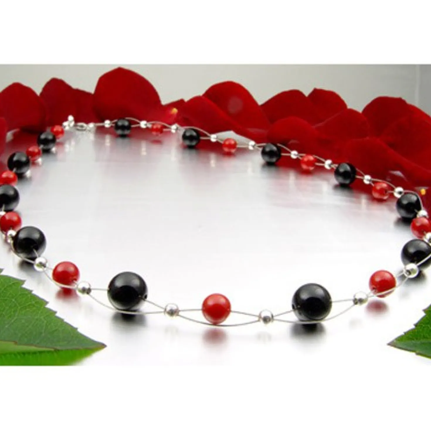 Kette Collier aus Onyx & Koralle, rot-schwarz, Halskette für Damen