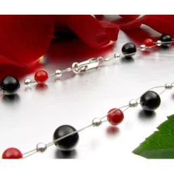 Kette Collier aus Onyx & Koralle, rot-schwarz, Halskette für Damen