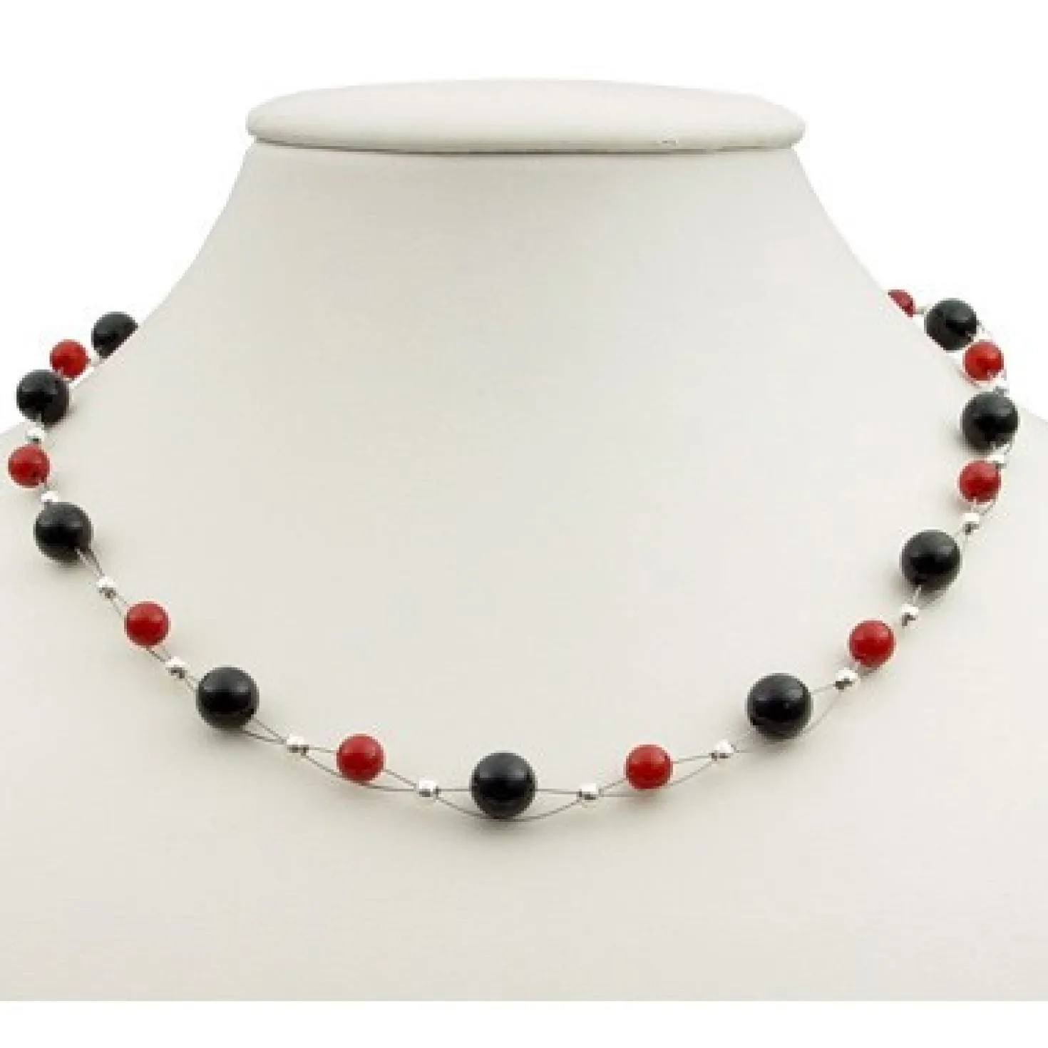 Kette Collier aus Onyx & Koralle, rot-schwarz, Halskette für Damen