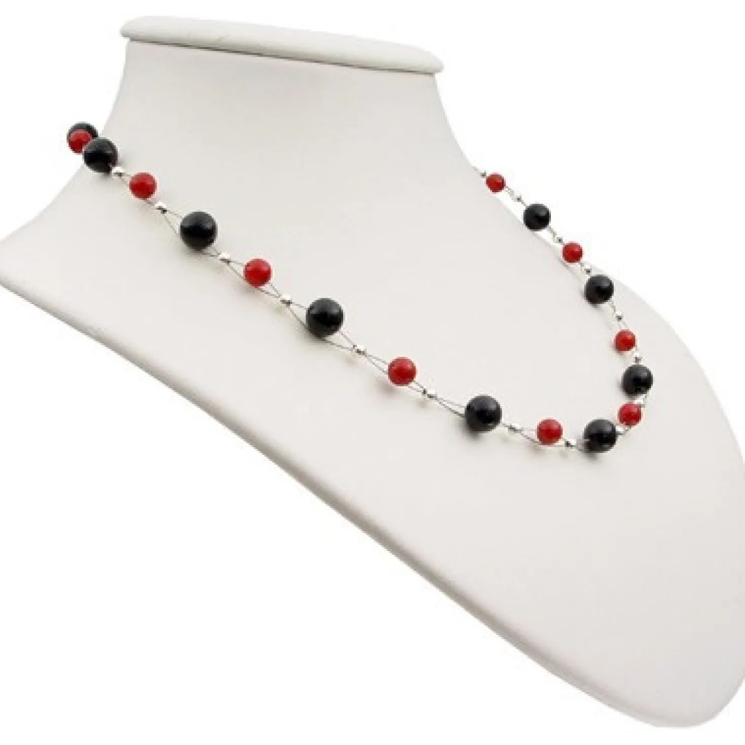 Kette Collier aus Onyx & Koralle, rot-schwarz, Halskette für Damen