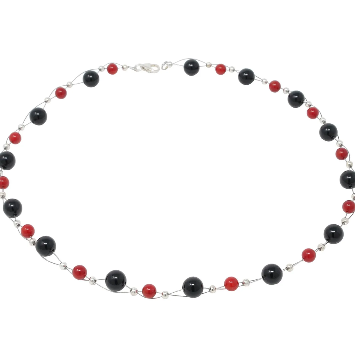 Kette Collier aus Onyx & Koralle, rot-schwarz, Halskette für Damen