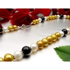 Kette Collier aus Perlen Süßwasser-Zuchtperlen & Onyx gelb-schwarz-weiß 48cm