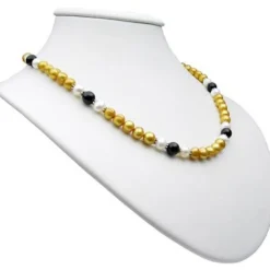 Kette Collier aus Perlen Süßwasser-Zuchtperlen & Onyx gelb-schwarz-weiß 48cm