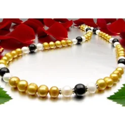 Kette Collier aus Perlen Süßwasser-Zuchtperlen & Onyx gelb-schwarz-weiß 48cm