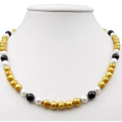 Kette Collier aus Perlen Süßwasser-Zuchtperlen & Onyx gelb-schwarz-weiß 48cm