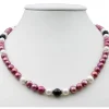 Kette Collier aus Perlen Süßwasser-Zuchtperlen & Onyx pflaume-schwarz-weiß 47cm