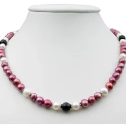 Kette Collier aus Perlen Süßwasser-Zuchtperlen & Onyx pflaume-schwarz-weiß 47cm