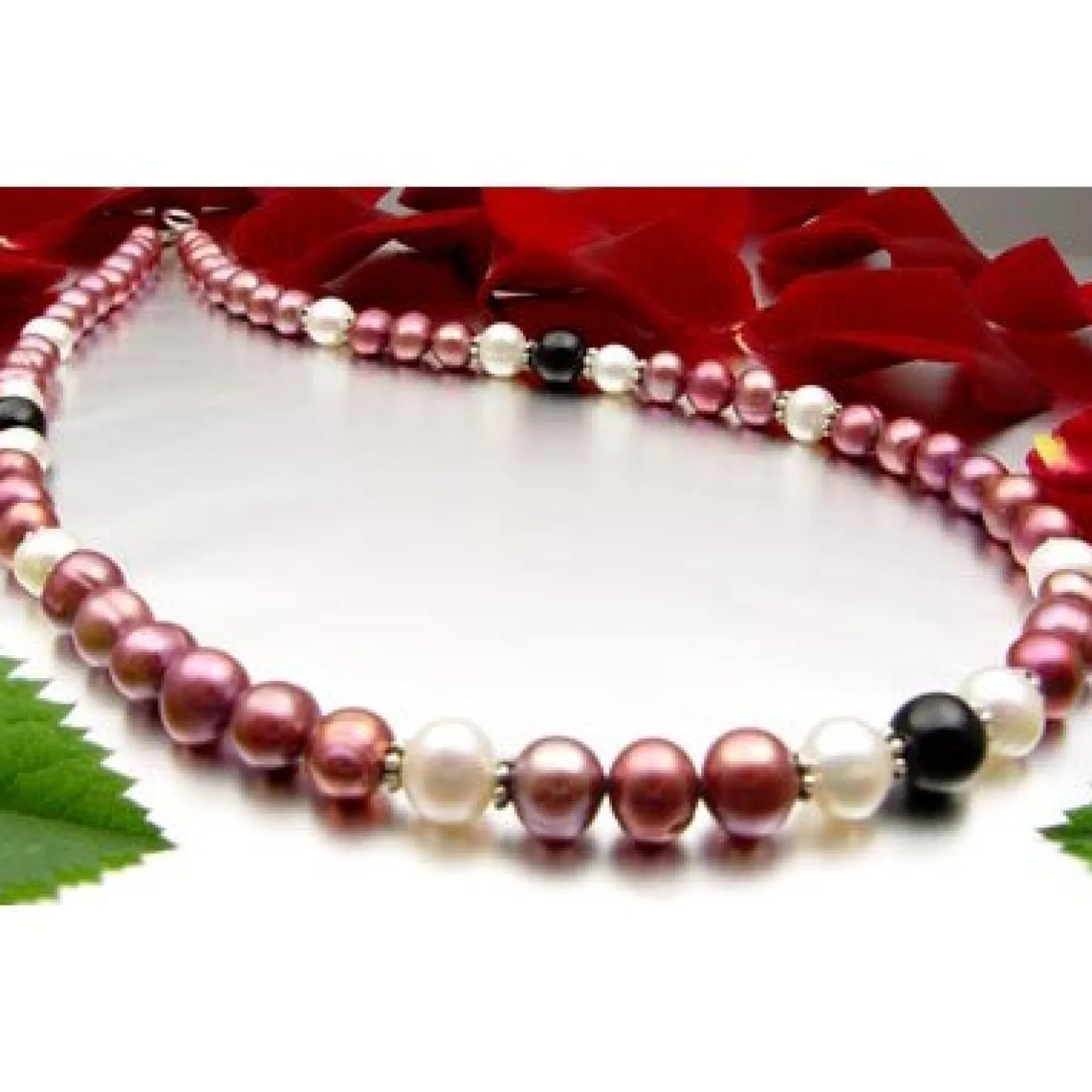 Kette Collier aus Perlen Süßwasser-Zuchtperlen & Onyx pflaume-schwarz-weiß 47cm