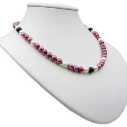 Kette Collier aus Perlen Süßwasser-Zuchtperlen & Onyx pflaume-schwarz-weiß 47cm