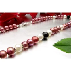 Kette Collier aus Perlen Süßwasser-Zuchtperlen & Onyx pflaume-schwarz-weiß 47cm