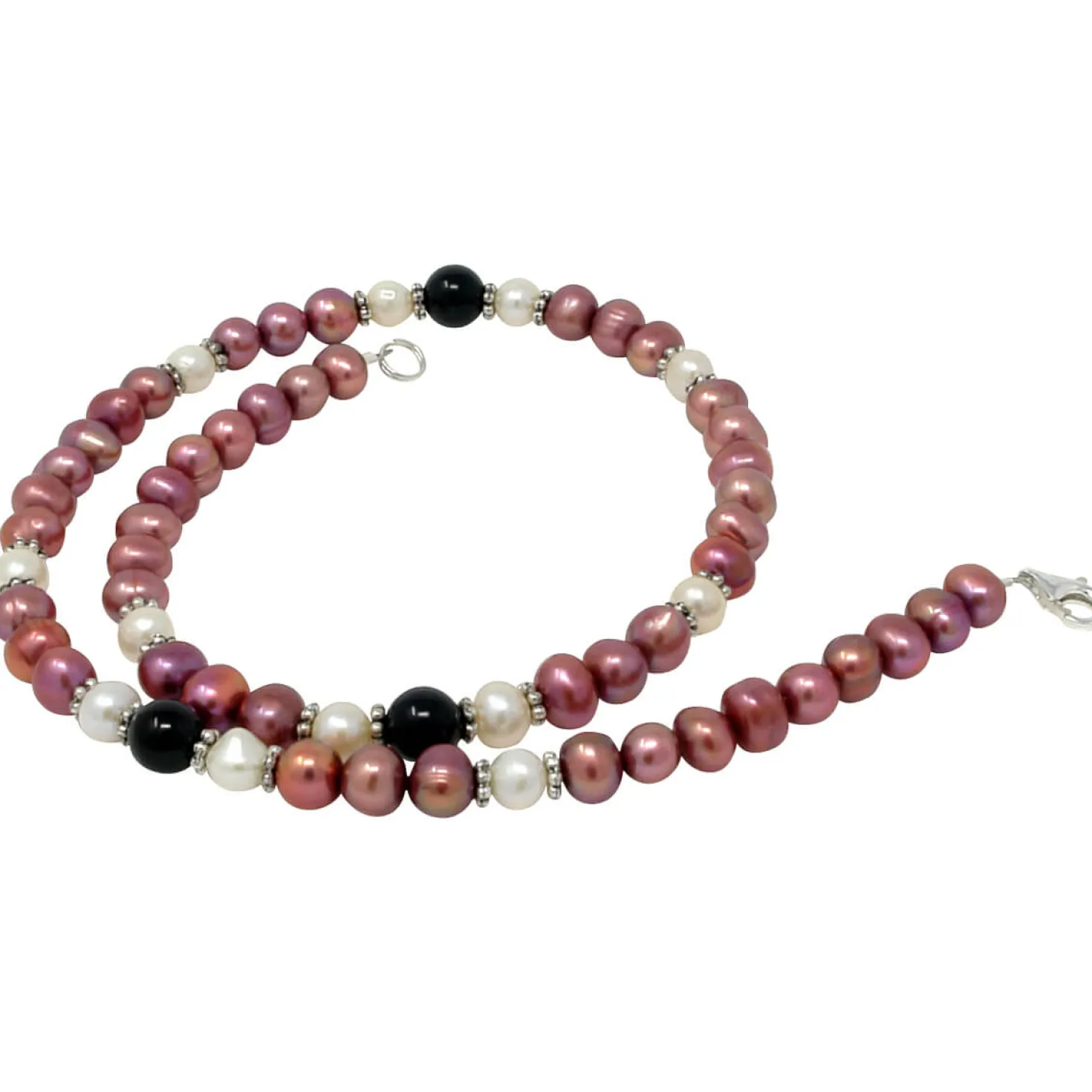 Kette Collier aus Perlen Süßwasser-Zuchtperlen & Onyx pflaume-schwarz-weiß 47cm
