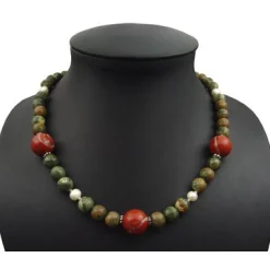Kette Collier aus Rhyolith & Rot-Jaspis & Perlen & 925 Silber