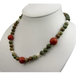 Kette Collier aus Rhyolith & Rot-Jaspis & Perlen & 925 Silber