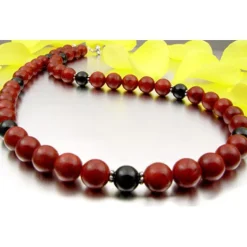 Kette Collier aus Schaumkoralle & Onyx & 925 Silber rot-braun schwarz Halskette