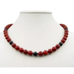 Kette Collier aus Schaumkoralle & Onyx & 925 Silber rot-braun schwarz Halskette