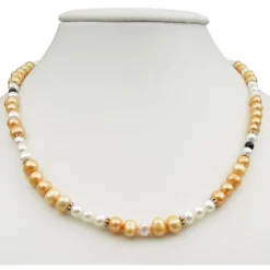 Kette Collier aus Süßwasser Perlen Multicolor aprikose creme-weiß schwarz 49cm