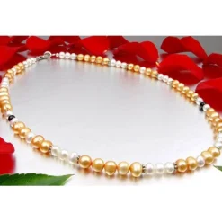 Kette Collier aus Süßwasser Perlen Multicolor aprikose creme-weiß schwarz 49cm