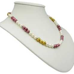 Kette Collier aus Süßwasser Perlen Multicolor creme-weiß gold pflaume bunt 49cm