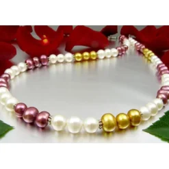 Kette Collier aus Süßwasser Perlen Multicolor creme-weiß gold pflaume bunt 49cm