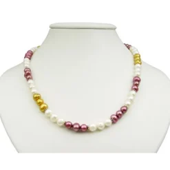 Kette Collier aus Süßwasser Perlen Multicolor creme-weiß gold pflaume bunt 49cm