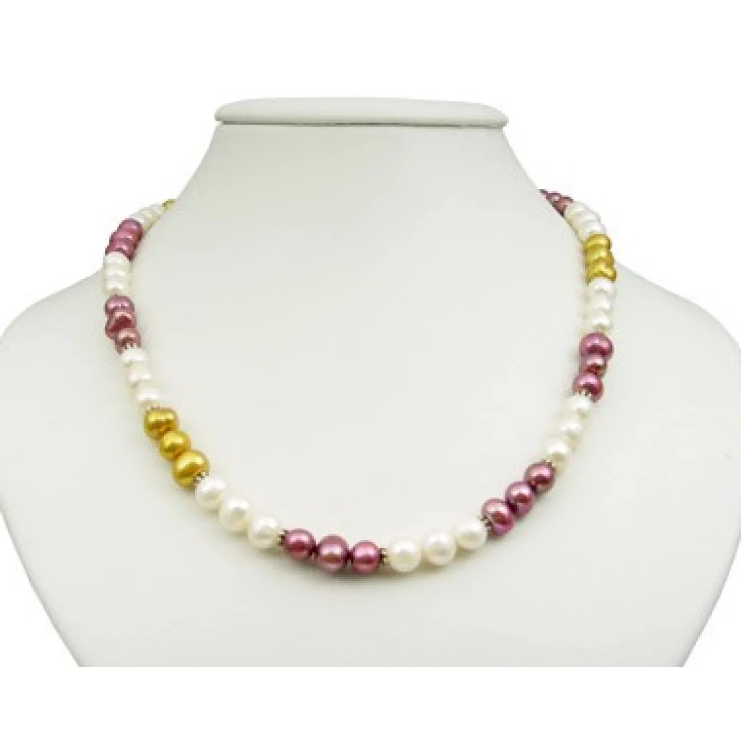 Kette Collier aus Süßwasser Perlen Multicolor creme-weiß gold pflaume bunt 49cm