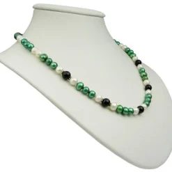 Kette Collier Halskette aus Süßwasser-Perlen & Onyx grün-schwarz-weiß 50cm
