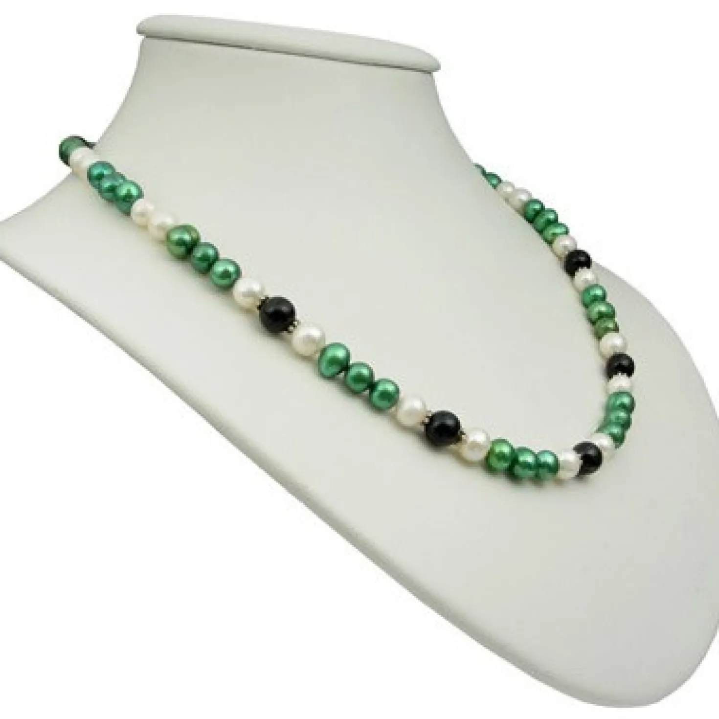 Kette Collier Halskette aus Süßwasser-Perlen & Onyx grün-schwarz-weiß 50cm