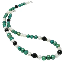 Kette Collier Halskette aus Süßwasser-Perlen & Onyx grün-schwarz-weiß 50cm