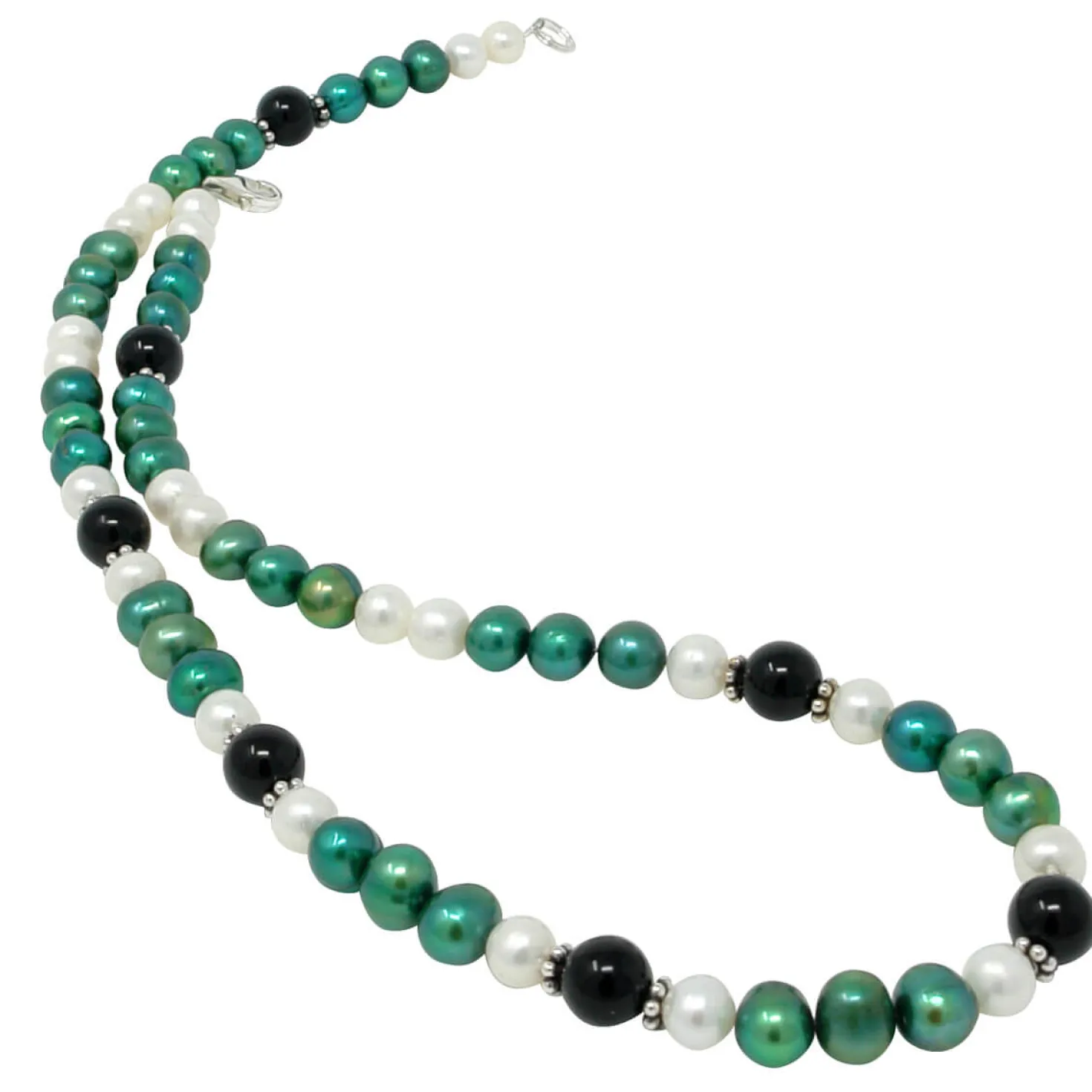 Kette Collier Halskette aus Süßwasser-Perlen & Onyx grün-schwarz-weiß 50cm