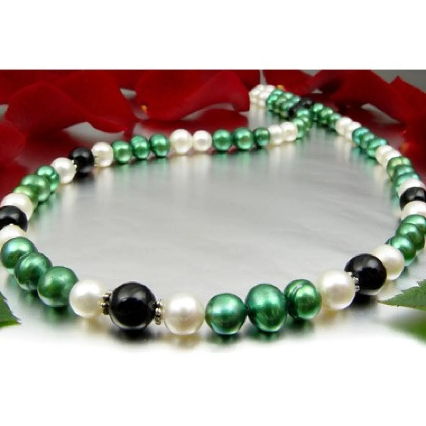 Kette Collier Halskette aus Süßwasser-Perlen & Onyx grün-schwarz-weiß 50cm