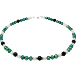 Kette Collier Halskette aus Süßwasser-Perlen & Onyx grün-schwarz-weiß 50cm