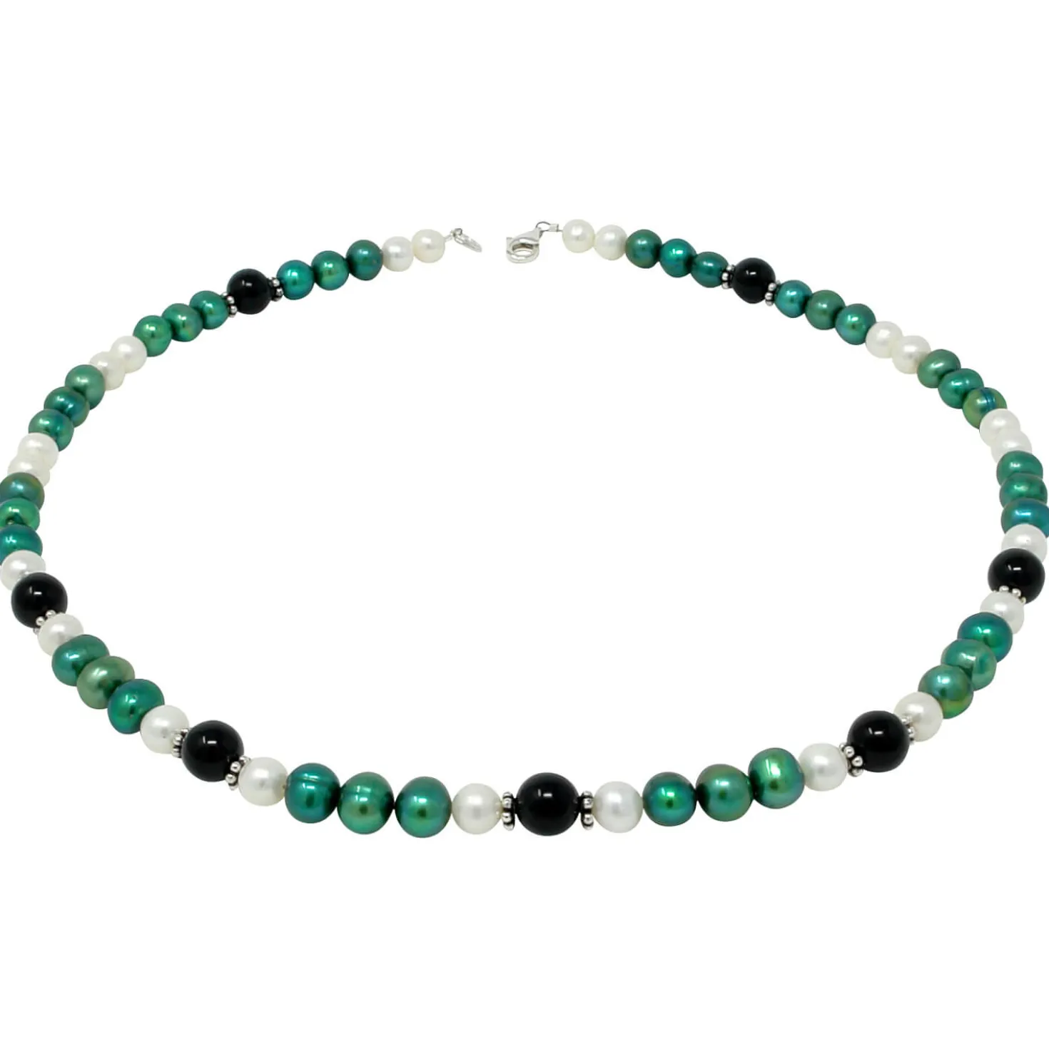 Kette Collier Halskette aus Süßwasser-Perlen & Onyx grün-schwarz-weiß 50cm