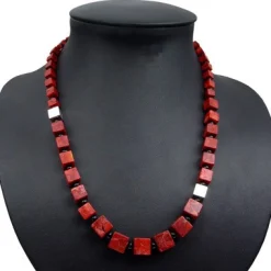Kette Collier Koralle Würfel & Onyx & 925 Silber rot-braun schwarz Designerkette