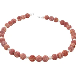 Kette Collier Natur-Koralle mit Poren & Süßwasser-Perlen 925 Silber rot-orange